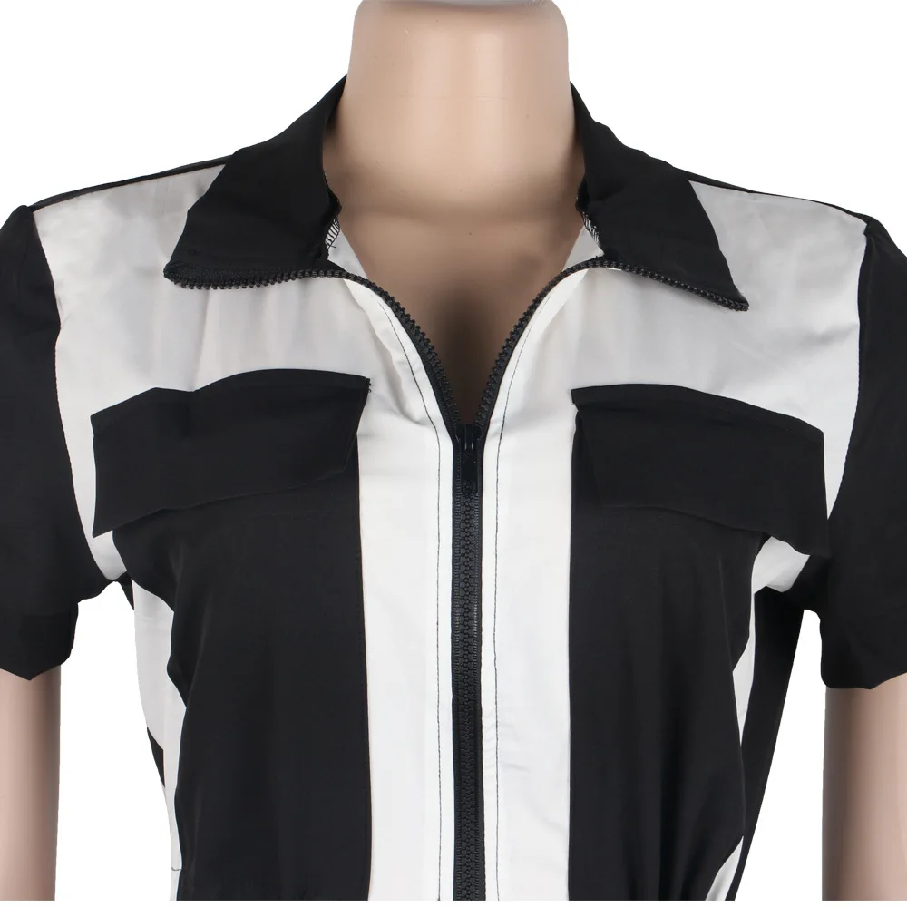 Vintage Patchwork Zipper Female Jumpsuit Casual Short Sleeve Turn-Down Collar Slim Rompers Lace Up Bandage Overalls For Women