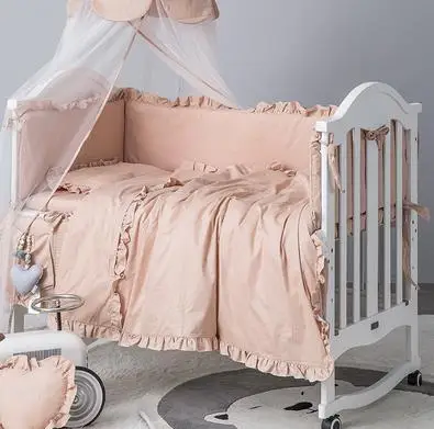 6pcs 6 шт. комплект детского постельного белья, бампер, хлопок, однотонный цвет, кружевная кроватка, Детский Комплект постельного белья, детская кроватка, бамперы, матрас для новорожденных, наволочка - Цвет: 6pcs
