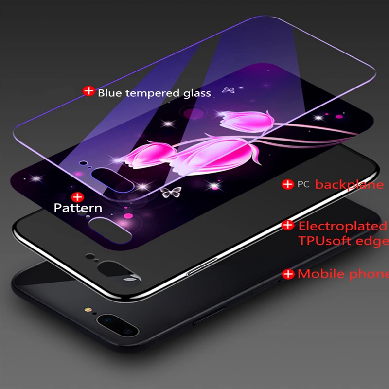 Plating Blue Light Luxury Cover For iPhone 8 7 6 6S Plus Case Tempered Glass Back Phone X XS XR XSMAX |