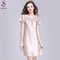 2020 new sweet young women silk nightgown printed fashion knee length girl sleepwear summer ladies sleepshirts pinkcamelblue