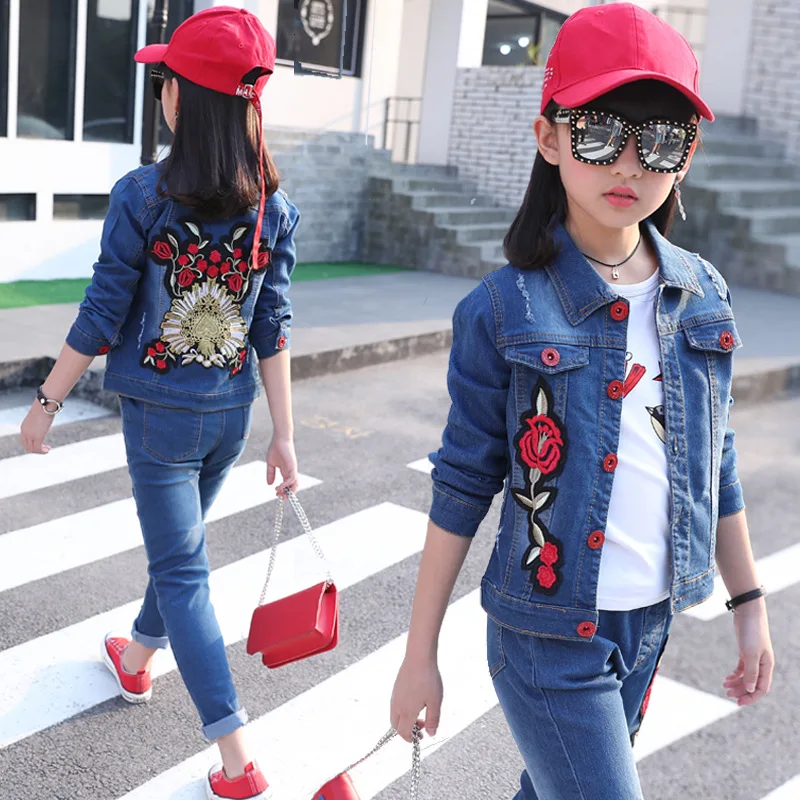 Teen Girl Boys Clothes Sport Clothing Set Denim Jacket + Jeans 2pcs Flower Fashion Cotton Casual Outfits for 6 8 10 12 14 Years | Детская