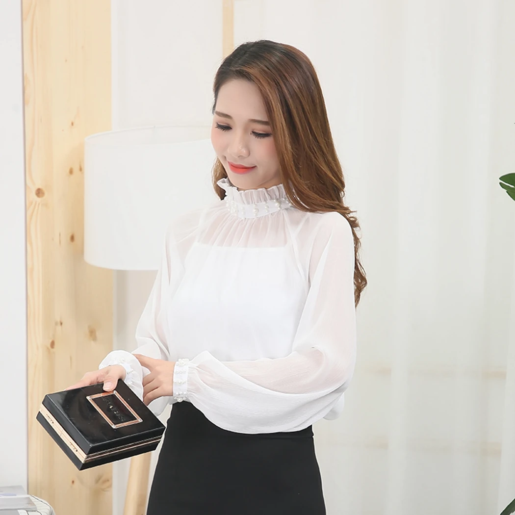 Women Long Sleeve Pearl Decor Blouse Summer Beading Ruffle Collar Mesh Shirt Tops Ladies See Through Chiffon Blouses Mujer Blusa |