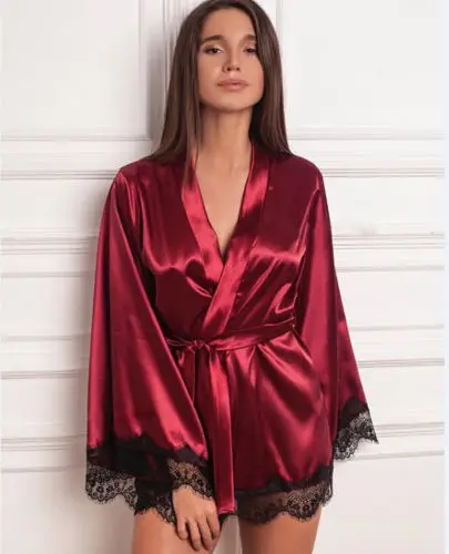 Wine red Сексуальное женское нижнее белье, шелк, чистый цвет, Короткое атласное кимоно; наряд, белье, пояс, банный халат, ночная Пижама, кимоно, Халат - Цвет: Wine red