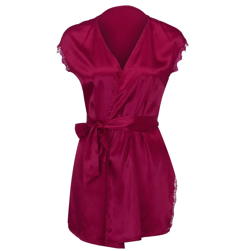 Short Sleeve Robe Women Satin Pajama Sexy Night Dress With Belt Nighties Nightgown Sleepwear Nightwear Nightshirt Bathrobe