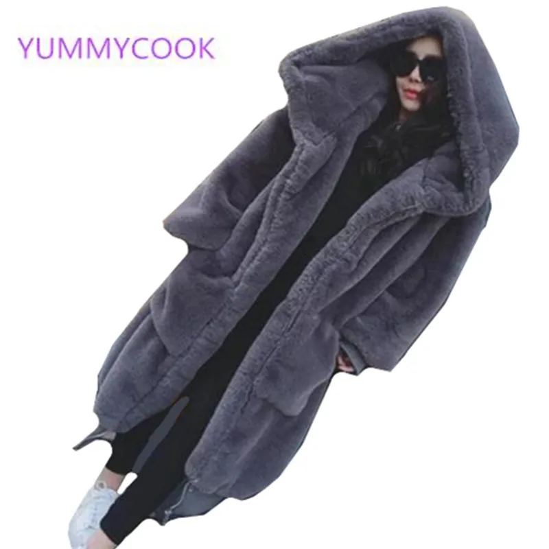 YUMMYCOOK осенне зимнее женское пальто с искусственным кроличьим мехом толстое