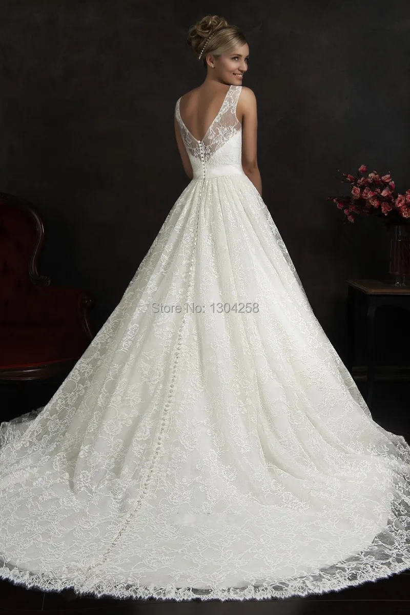 2015 Tank Style Wedding Dresses Empire Waist White Lace Chapel Train Full Botton Back Bridal Gowns Free Shipping | Свадьбы и
