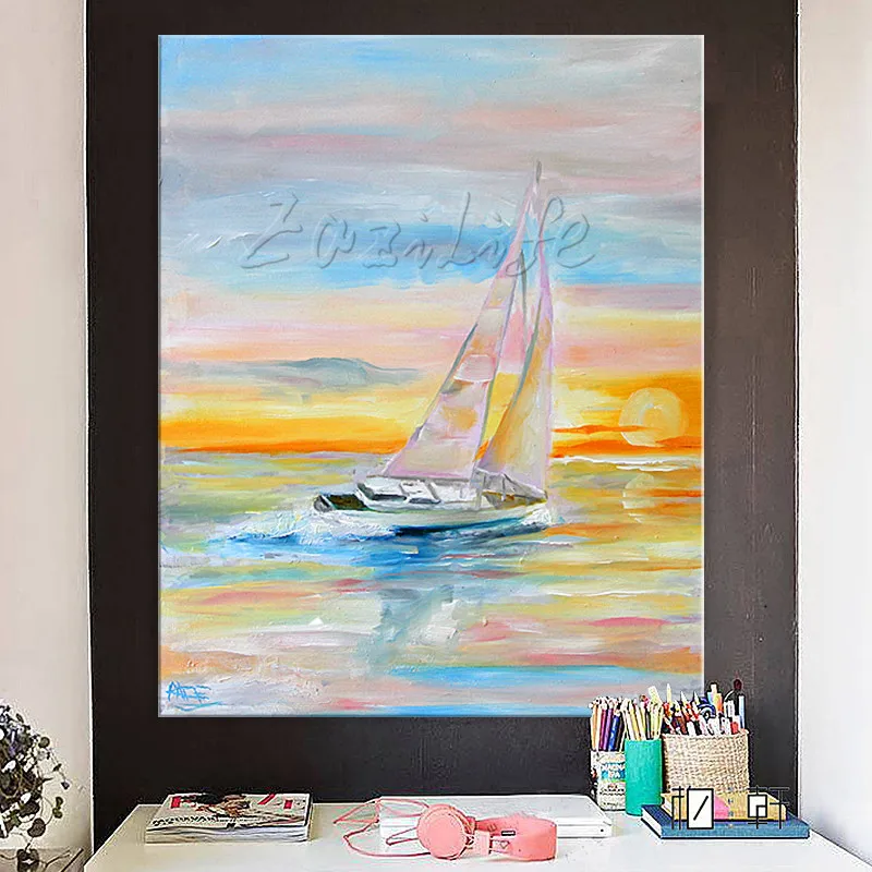 Абстрактная картина маслом ручная роспись лодка корабль парусный спорт холст