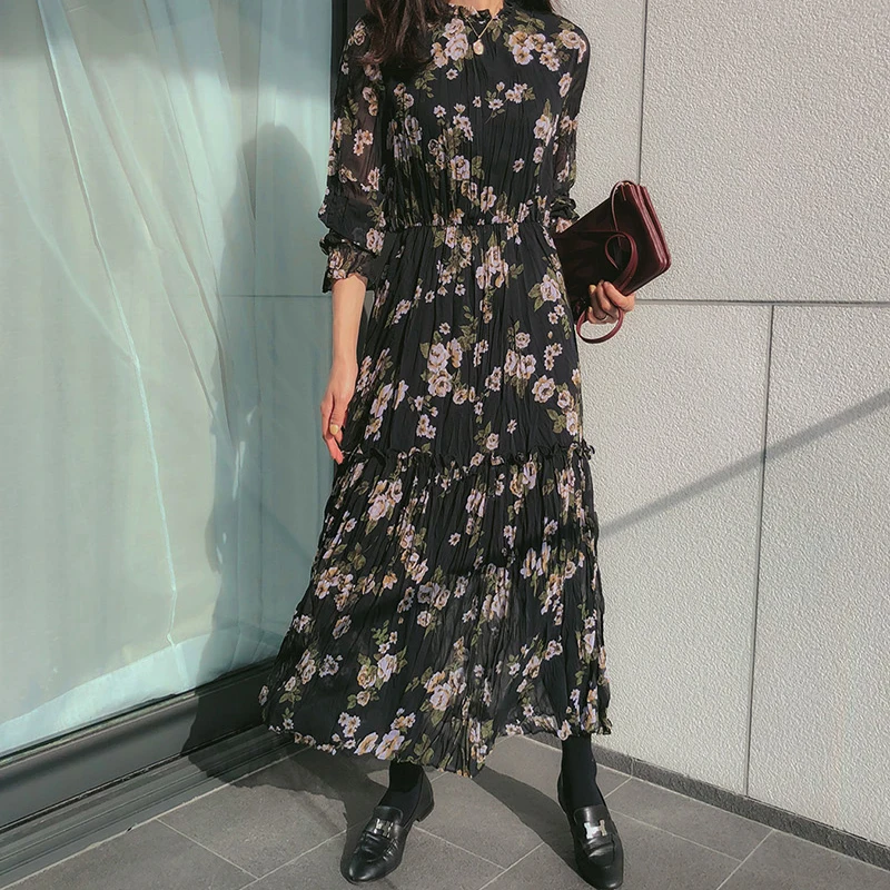 Повседневное Стенд воротник шифон платье с цветочным рисунком Для женщин платья