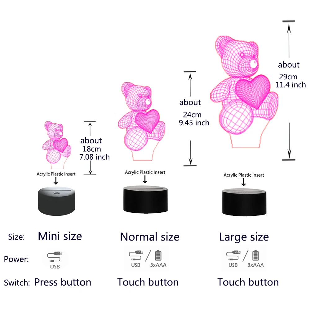 3D Оптическая иллюзия LED Мишка Тедди ночник 7 цветов Изменение декор комнаты свет