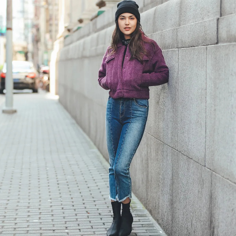 Шуба из искусственного меха стриженная овчина фиолетовая серая розовая 2018|faux fur