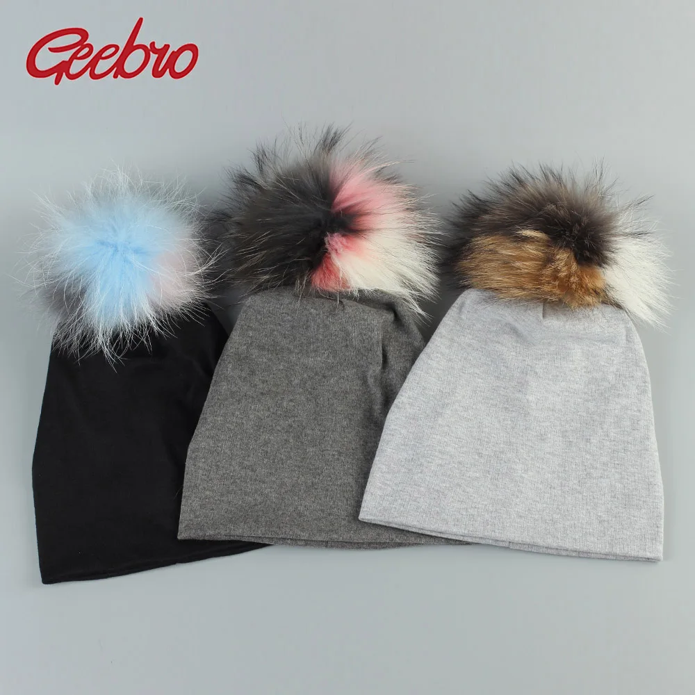 

Geebro 5-12 Years Old Kids Beanie Hat with Pompom Spring Fashion 3 Tone Colors Raccoon Fur Pompom Slouchy Beanies for Girls