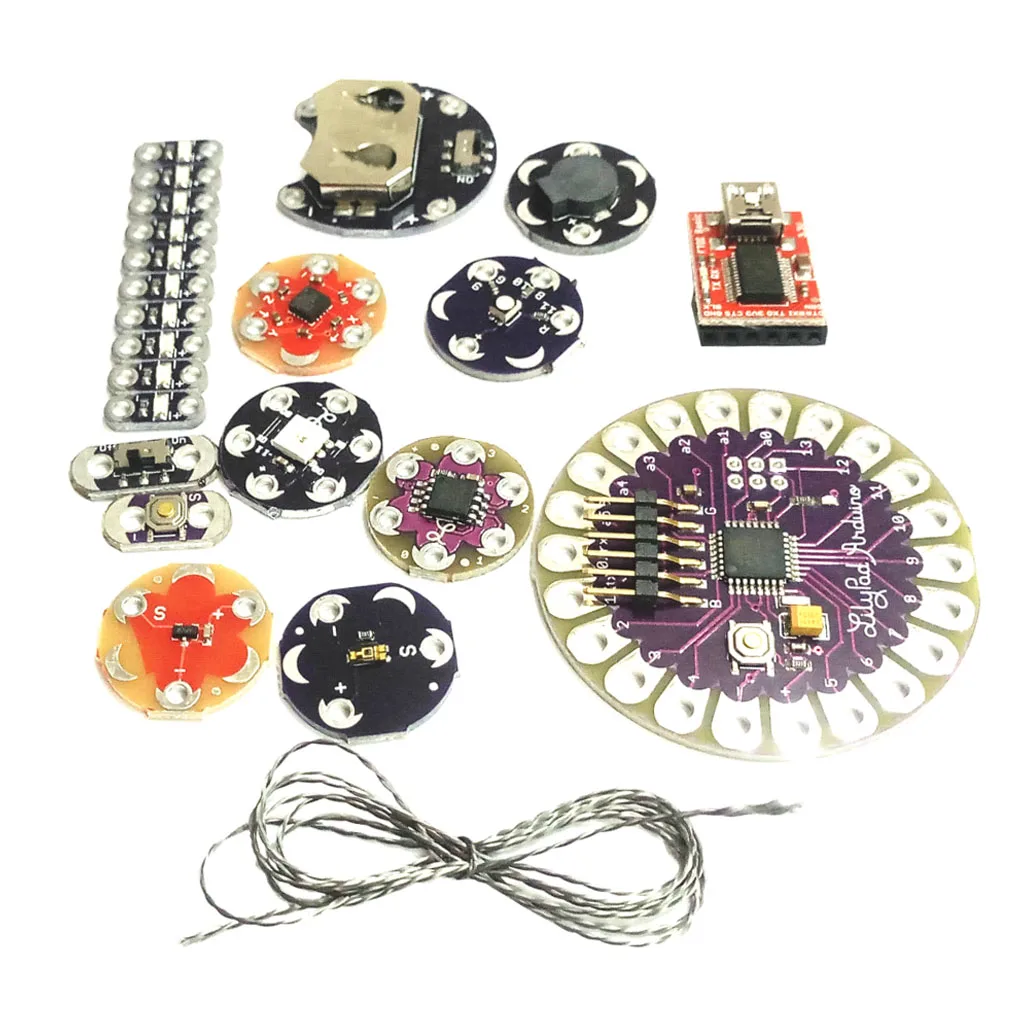 Lilypad Arduino комплект, Sewable комплект электроники(ATmega328P, светодиоды, датчик температуры, FT232RL, зуммер, переключатель