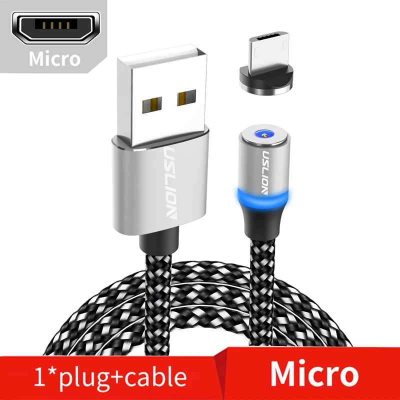 Silver Micro Магнитный светодиодный кабель USLION Micro usb type C для samsung S10 S9 S8 Xiaomi для iPhone XS MAX XR 8 7 6 6S USB-C магнитное зарядное устройство - Цвет: Silver Micro