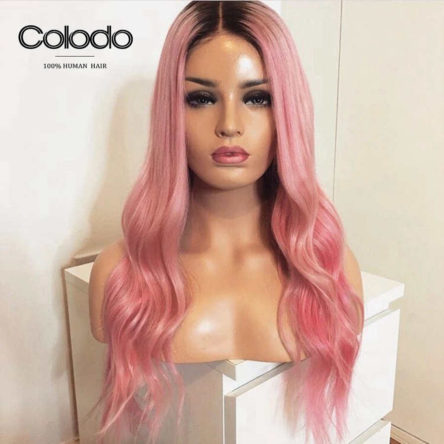 COLODO Wavy Lace Front Wig Brazilian Remy Hair Glueless Lace Frontal Pink Ombre Human Hair Wig Transparent Lace Wigs For Women