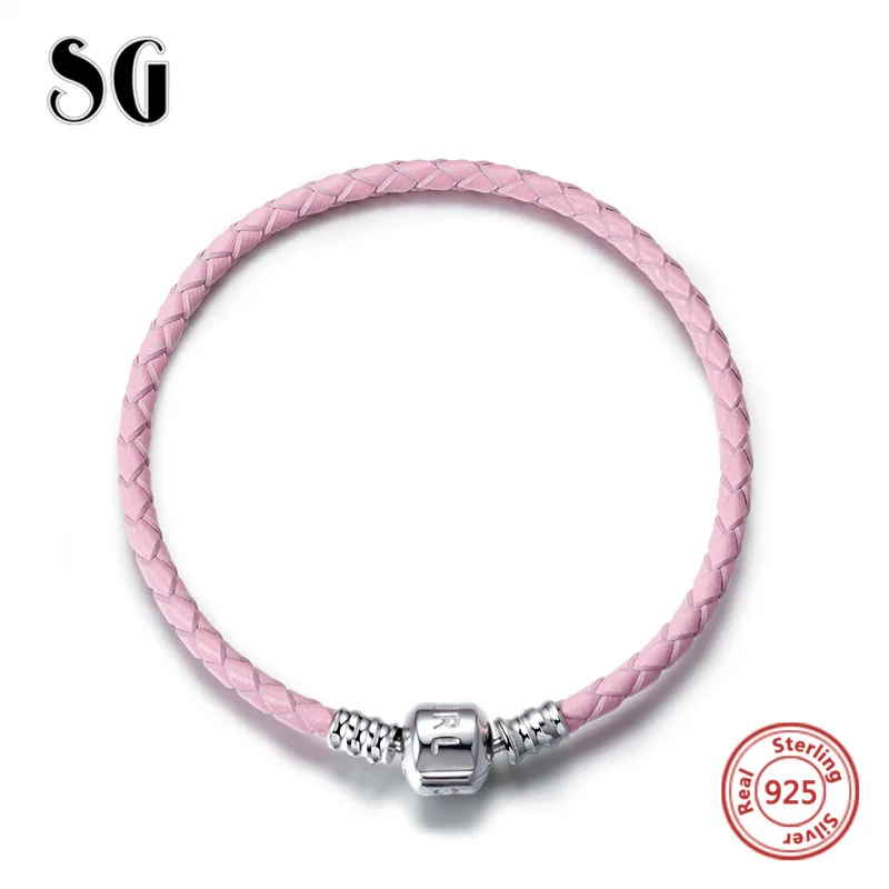SG Роскошные 925 пробы серебряные 18 см кожаные веревочные цепочки DIY амулеты подлинный Браслет Модные ювелирные изделия для женщин Подарки