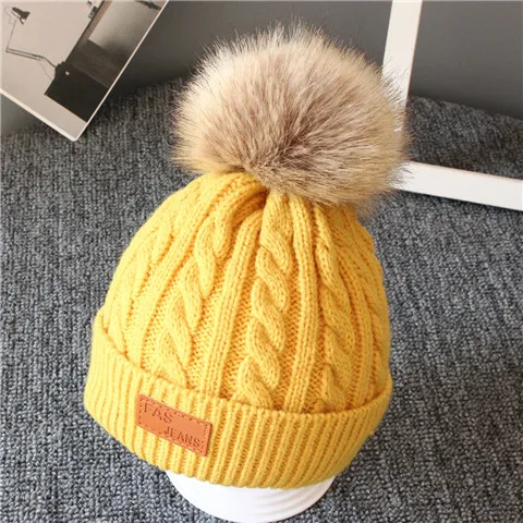 yellow Puseky/Зимние шапки для детей; вязаная шапочка; детская шапка; коллекция года; детские меховые шапки с помпонами для девочек и мальчиков; теплая шапка со съемным помпоном - Цвет: yellow