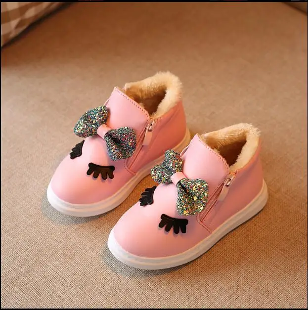 Розничная продажа новинка 2017 детские ботинки Зимние теплые плюшевые с бантом для