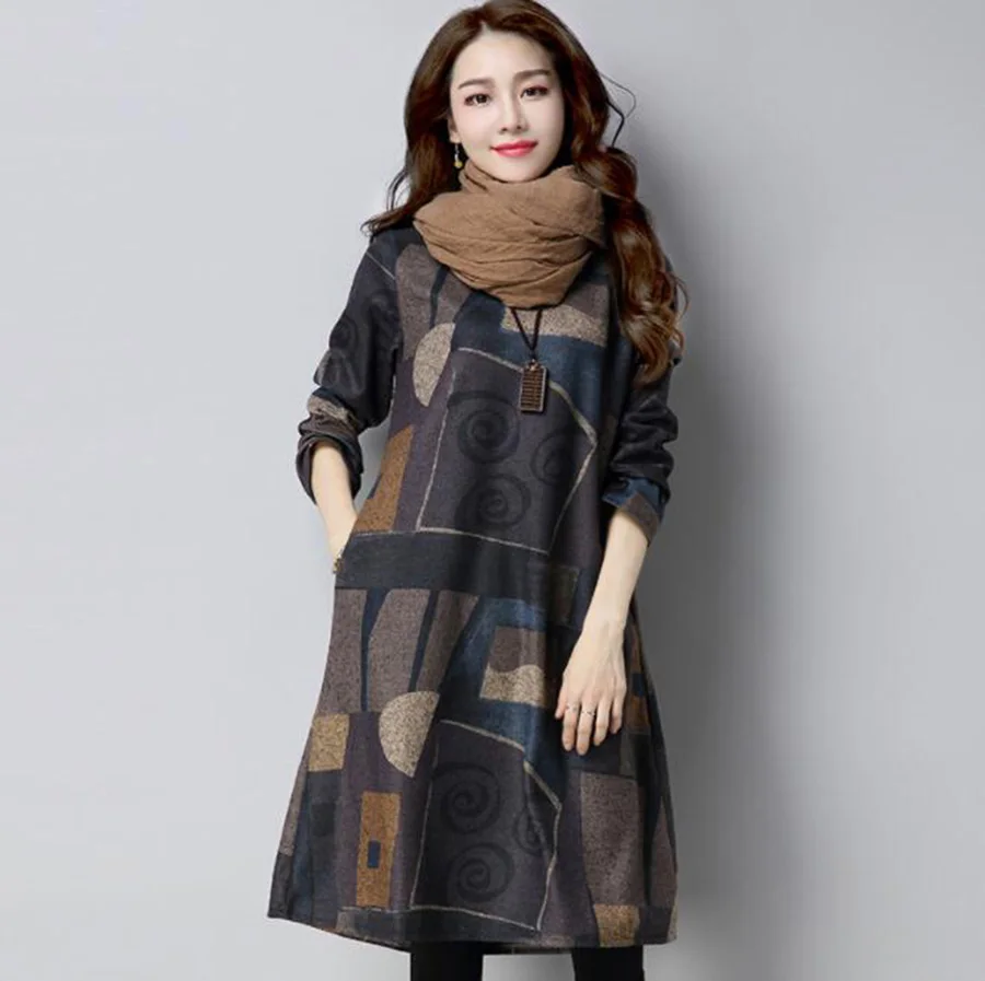 Зимнее женское Шерстяное платье большого размера с длинным рукавом новинка