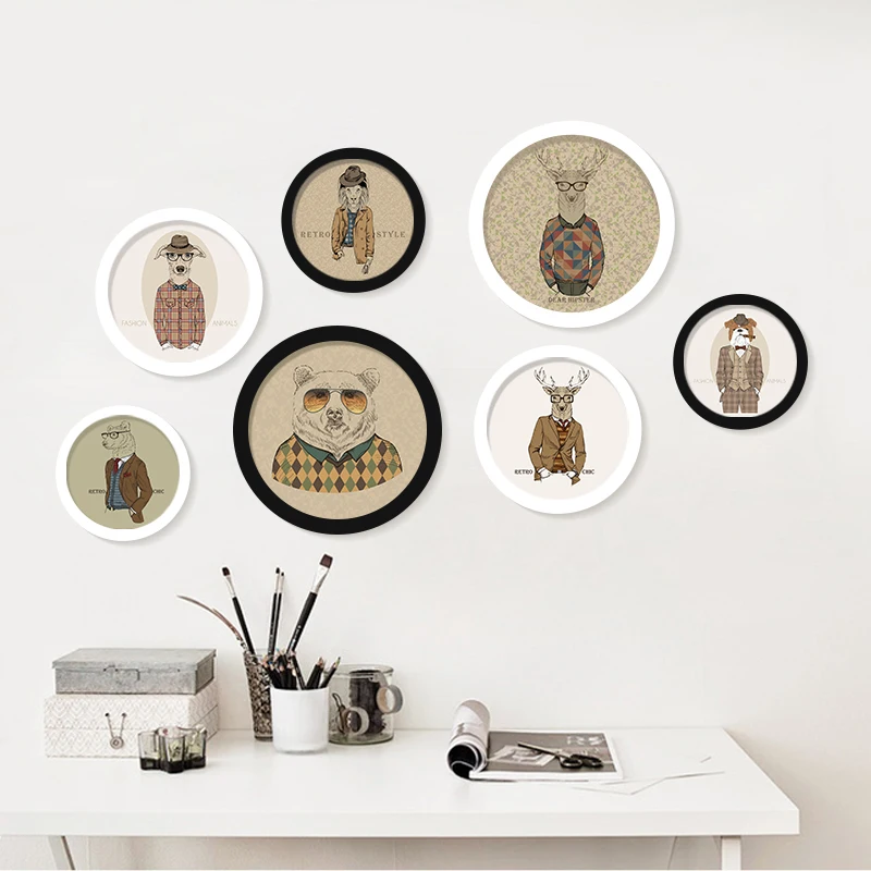 

Creative Gift Round Photo Frame cartoon animals portrait DIY Wall Mounted Wooden Picture have frame solid wood decor paintings
