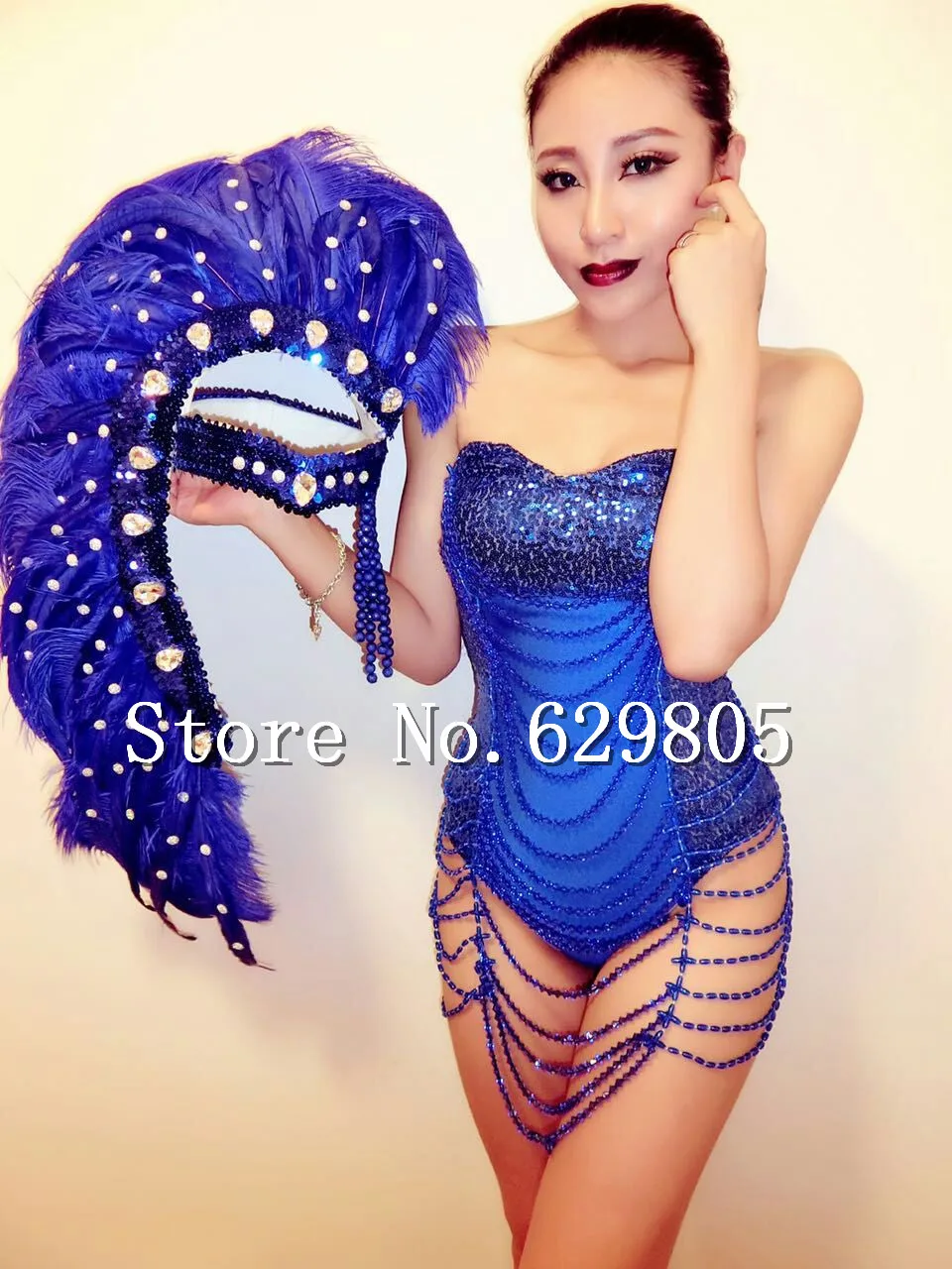 Blue Sequin Shining Rhinestone Beads Tassel Bodysuit Feather Headpiece Stage Wear Prom Outfit Leotard Female Singer Costume |