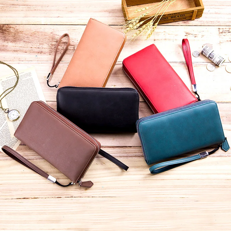 minimalist leather rfid women long zipper wallets men card holder wrist strap clutch passport purse by 24 card slots free global shipping