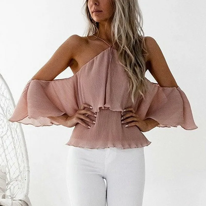 Halter Neck Shirts 2017 Summer Sexy Off Shoulder Backless Blouse Women Casual Loose Beach Party Chiffon Tops Ladies Blusas White |