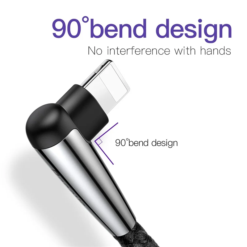 Usb-кабель Baseus Lighting для iPhone XS Max XR X 8 7 6 6S SE 5, кабель для быстрой зарядки и зарядки, кабель для передачи данных на 90 градусов, кабель для мобильного телефона