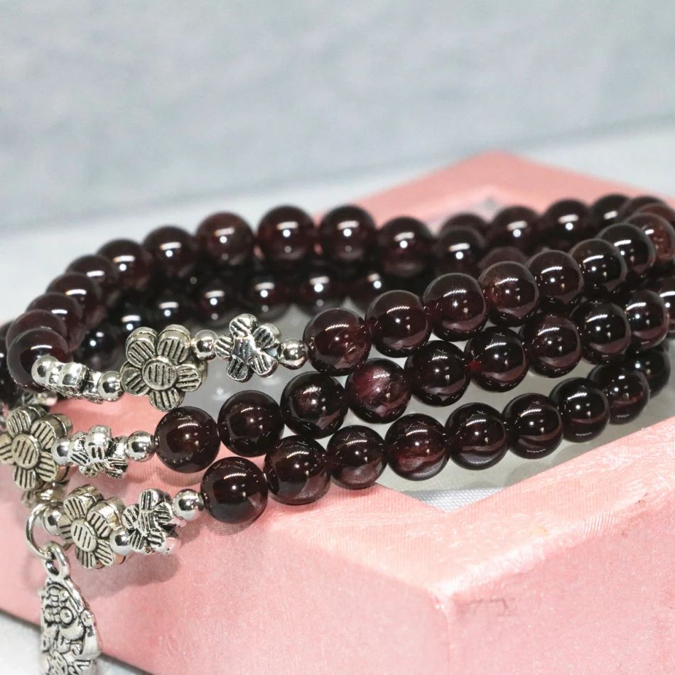 Женский многослойный браслет B2100 Круглый бисер из натурального граната 6 мм|strand