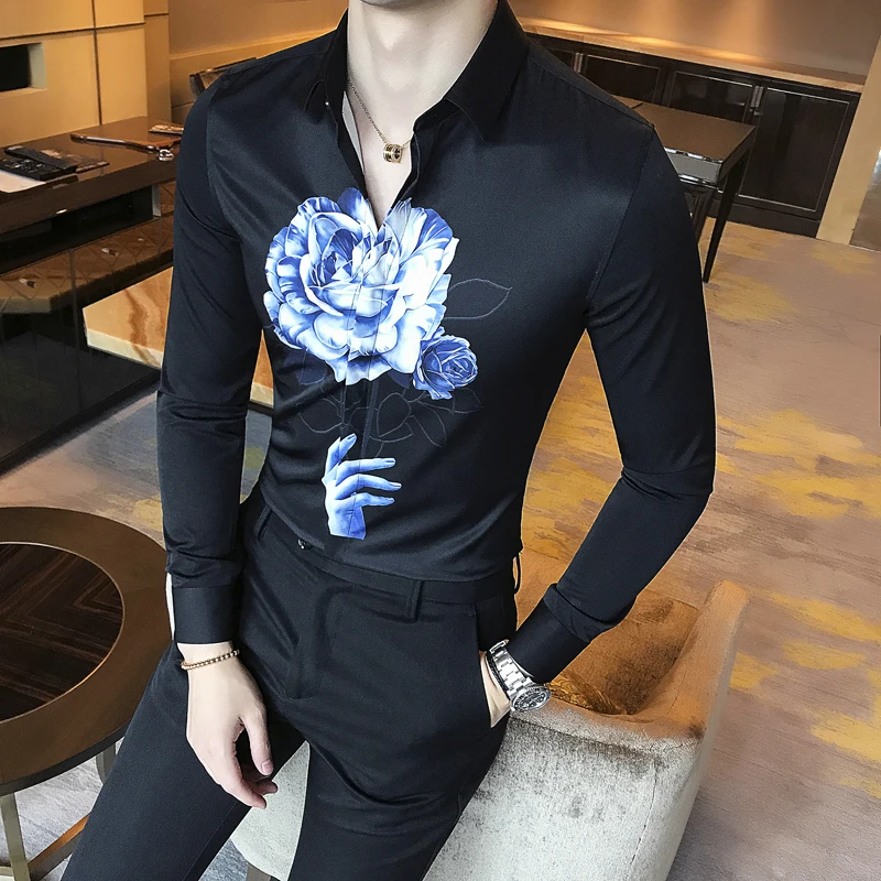 High Quality Men Shirt Korean Slim Fit Digital Print Casual Men's Social Shirts Long Sleeve Plus Size Night Club Party | Мужская