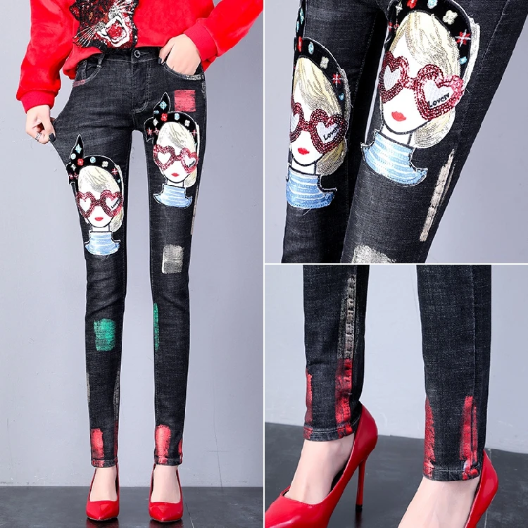 Черные джинсы весна-Зима 2019 женские с героями мультфильмов красивые