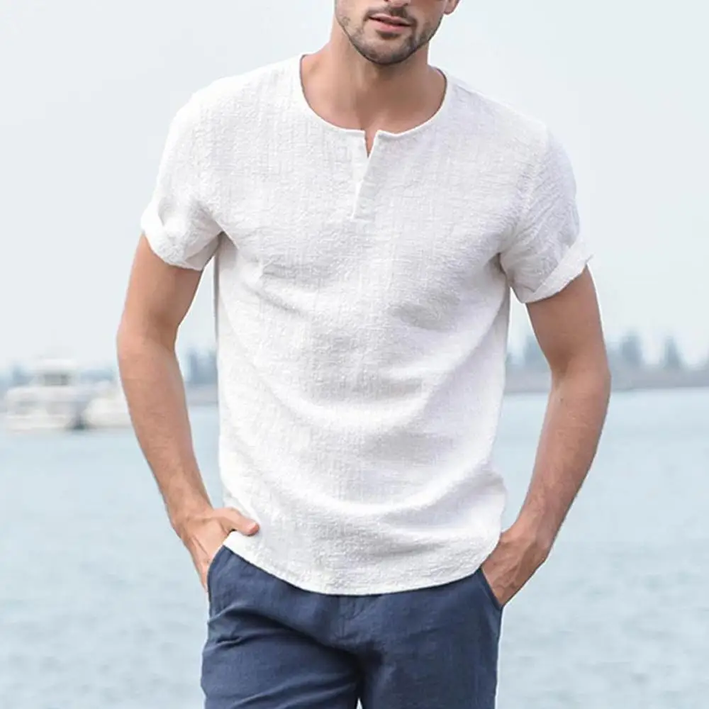 Мужская льняная рубашка с короткими рукавами тонкая дышащая мешковатая на