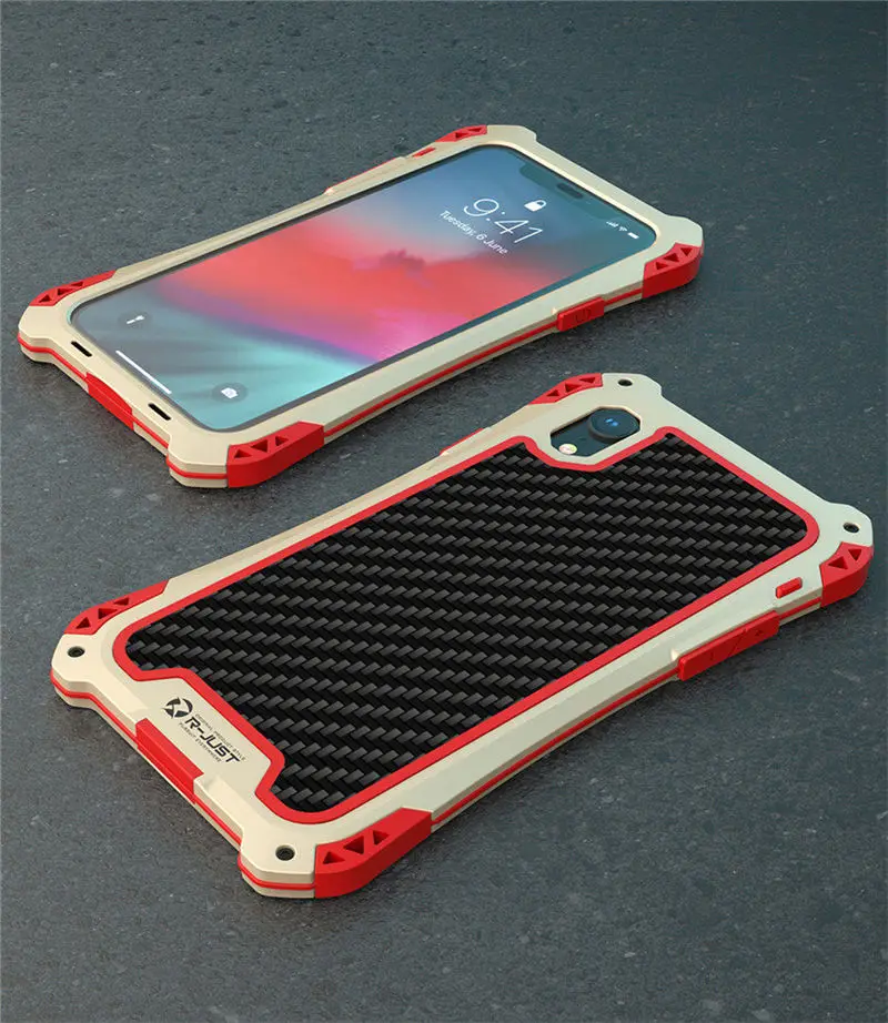 gold red black R-JUST, чехол для iPhone Xs, противоударный, всплеск, водонепроницаемый, ТПУ, углеродное волокно, металлический бампер, чехол для iPhone XR Xs Max - Цвет: gold red black