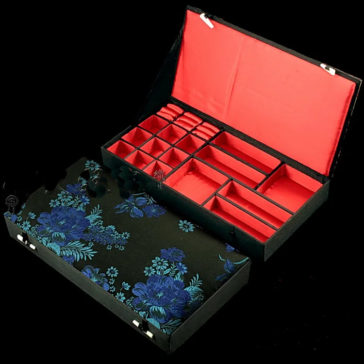 Boutique Multi Grid Jewelry Storage Case Wedding Gift Silk Brocade Multi Ring Earrings Bracelet Necklace Decorative Boxes