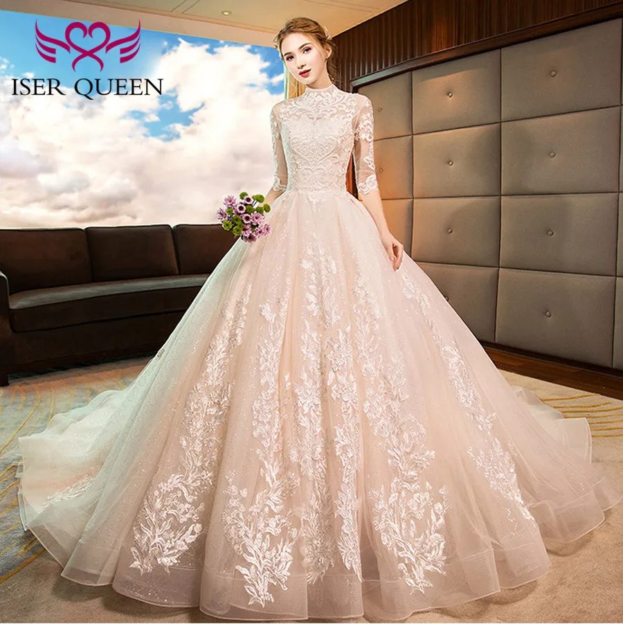 

High Neckline Vintage Half Sleeves Fancy Lace Embroidery Wedding dress Backless Hollow Ball Gown Bride Dress WX0160