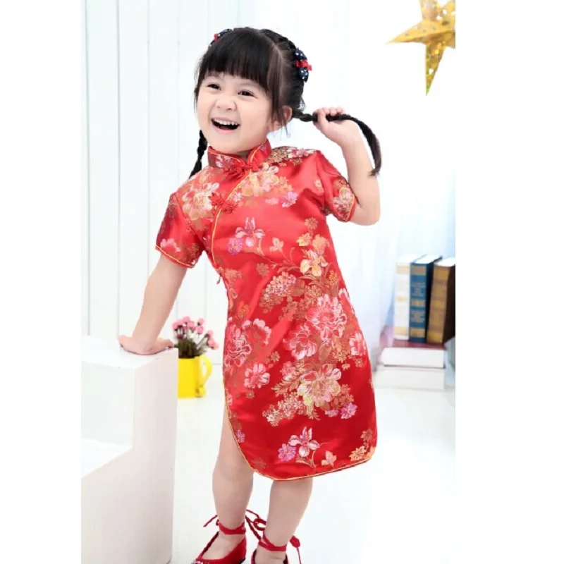 2020 Summer Girls Dress Qipao Chinese Dresses Sleeved wedding Top Quality Floral girls clothes Rose 2 4 6 8 10 12 14 16Year | Детская