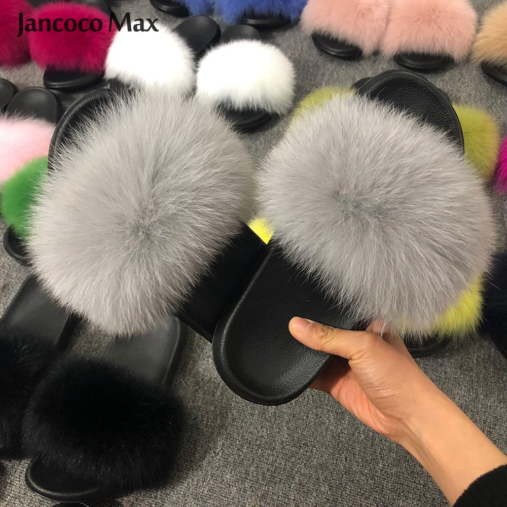 Jancoco Max/модные шлепанцы с натуральным лисьим мехом; женские шлепанцы; летние пляжные сандалии; Вьетнамки с натуральным мехом; S6043