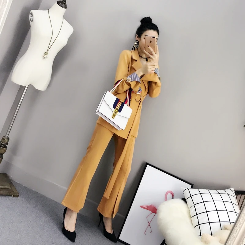 Two piece set top and pants jacket and high waist flare pants suit female spring new OL temperament suit two-piece suit