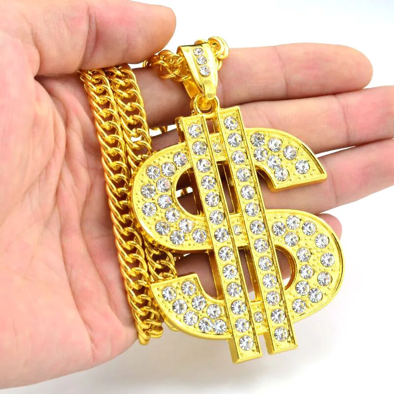 Персонализированное ожерелье с кулоном в виде доллара, мужские ювелирные изделия в стиле хип-хоп, Золотая длинная цепочка, большое ожерелье, стимпанк стразы, мужское ожерелье