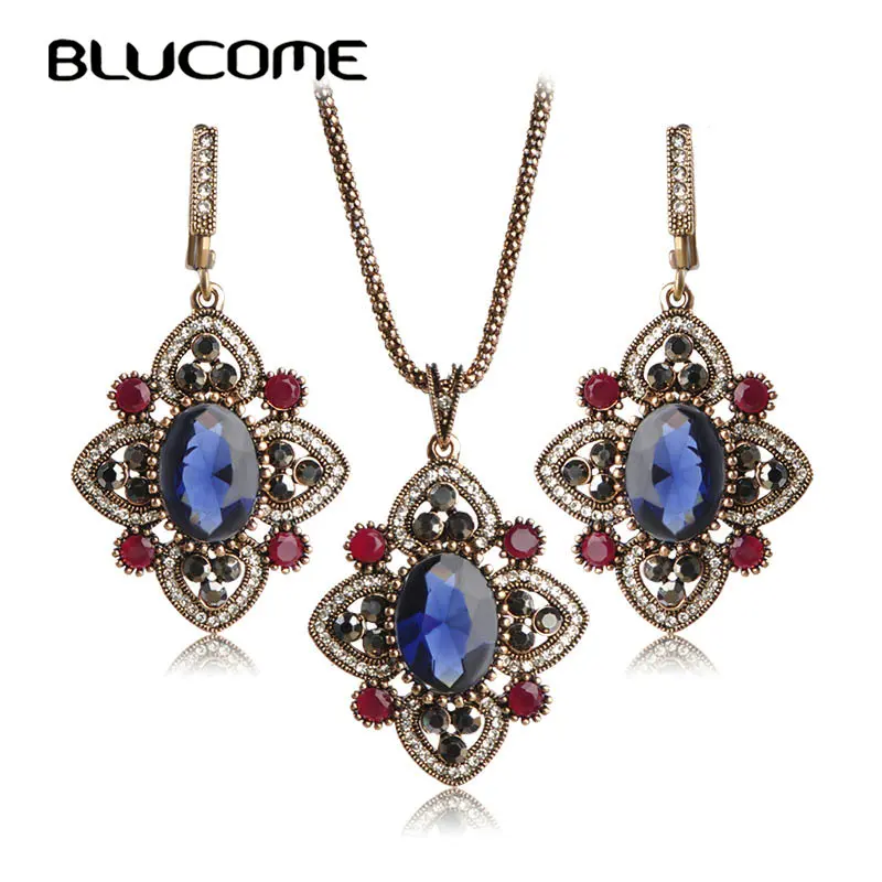 Blucome Турция Ретро стиль цветок кулон ожерелье серьги ювелирный набор женское