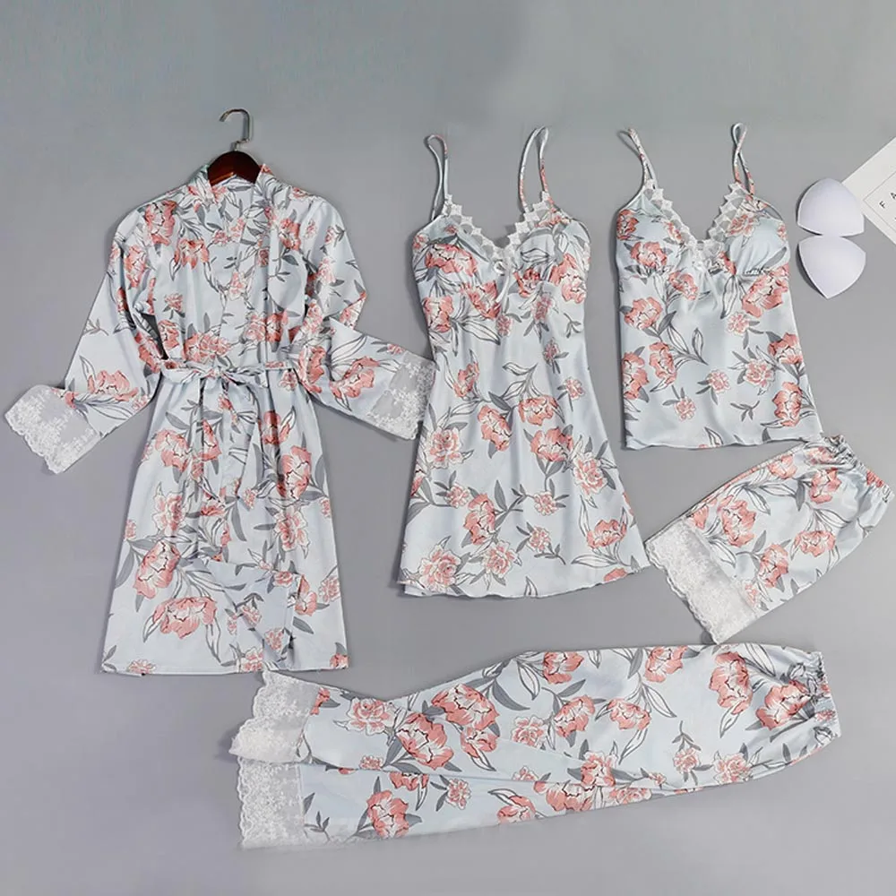 5pcs Set Blue Женское сексуальное ночное кимоно с цветочным рисунком, атласное шелковое Ночное платье, халат, комплект для отдыха, нижнее белье, ночная рубашка, пижама - Цвет: 5pcs Set Blue