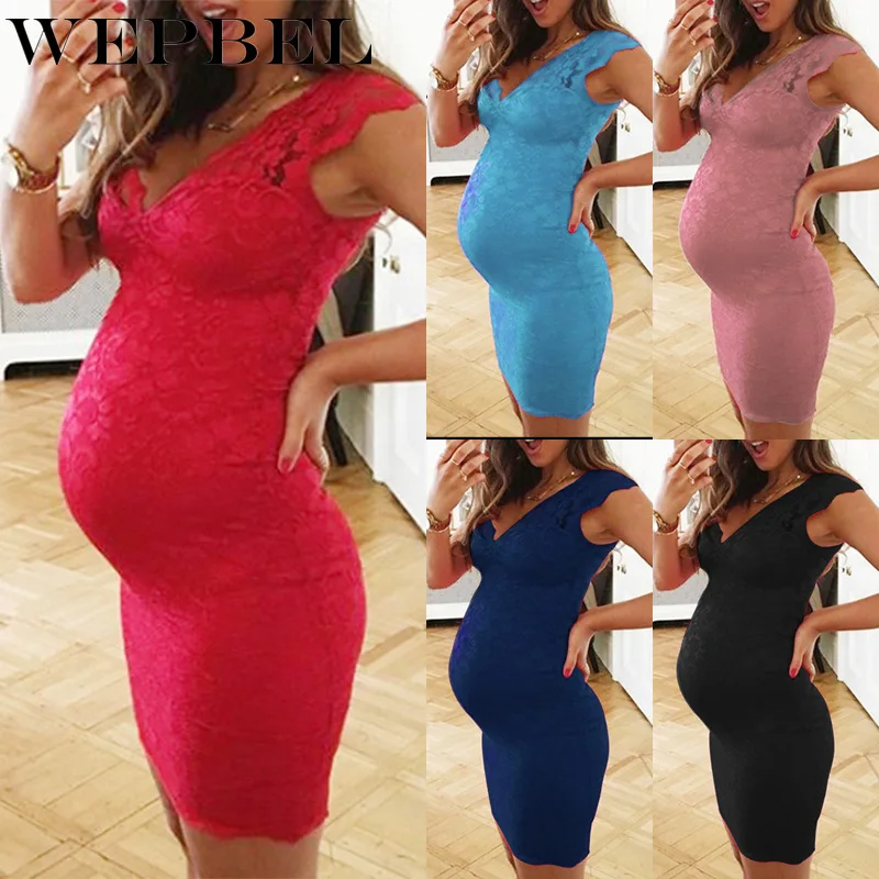 WEPBEL New Vogue Lacework Stitching Pregnant Women V-neck Maternity Midi Dress Mom Plus Size Slim Comfortable Dresses | Мать и ребенок