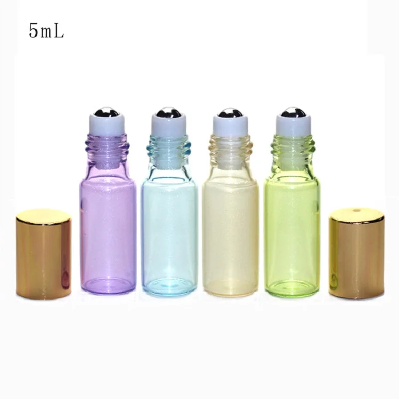 5ML Roll On Bottle Empty Glass Refillable Cosmetic Container Steel Ball Essence Essential Oil Bottle with Gold Lid