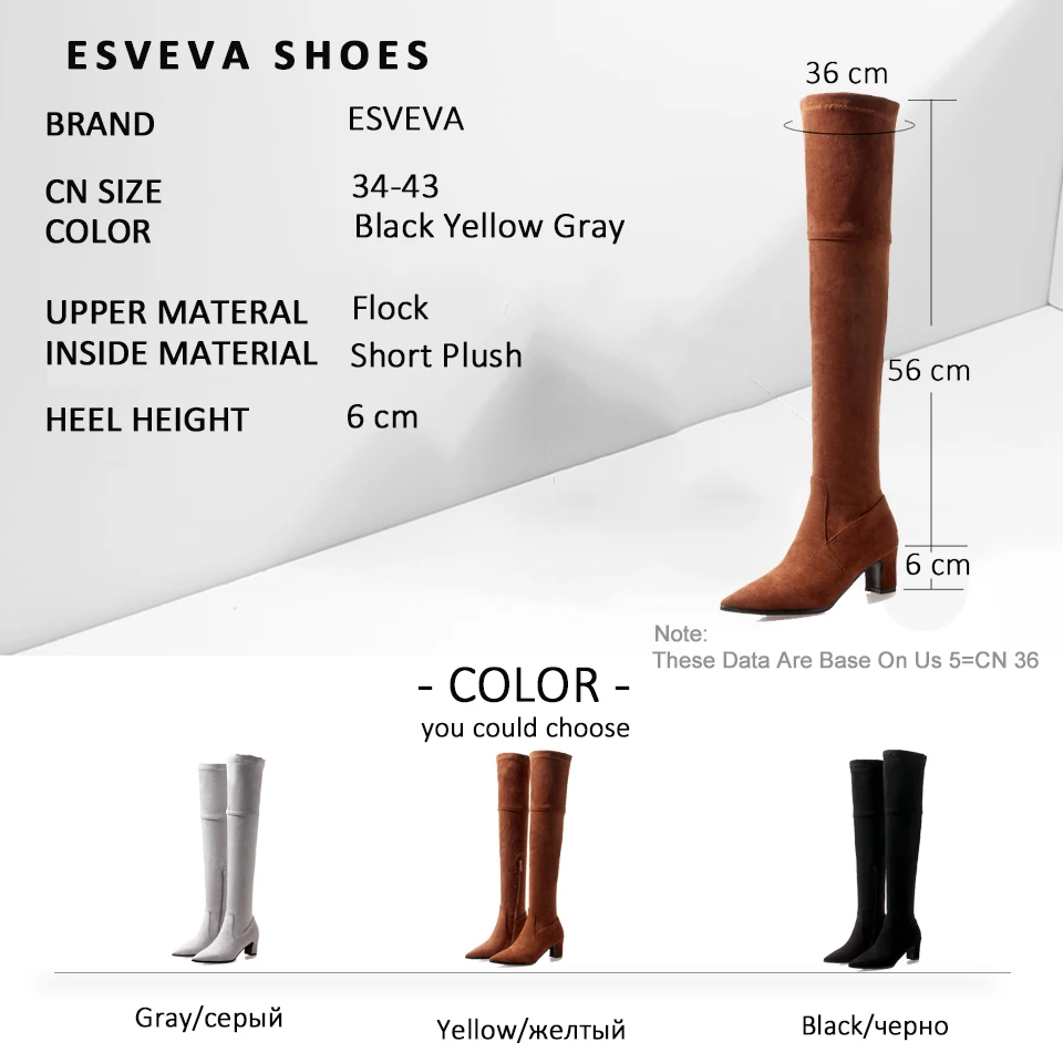 

ESVEVA 2019 Shoes Women Pointed Toe Over The Knee Boots Flock Square High Heels Short Plush Zipper Autumn Boots Shoes Size 34-43