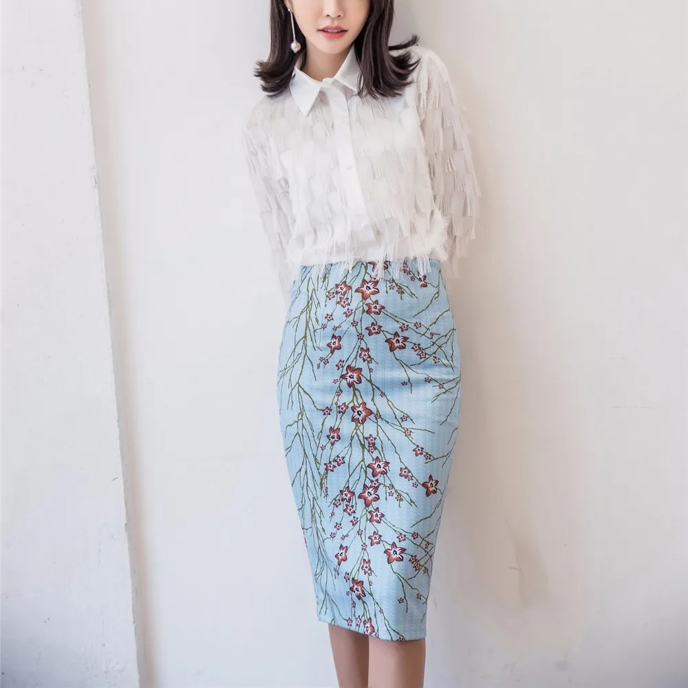 Bodycon Midi Skirt 2018 New Summer Fashion Women High Waist Flower Print Slim Pencil Plus Size S-5XL Saia Faldas Mujer | Женская одежда