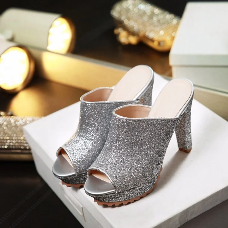 ?? 奪う猫ウォメスリッパ Platfrom ハイヒールスライドミュール結婚式のピープトウシルバーブラックブリンブリンブライダル靴ナイトクラブ A1172
