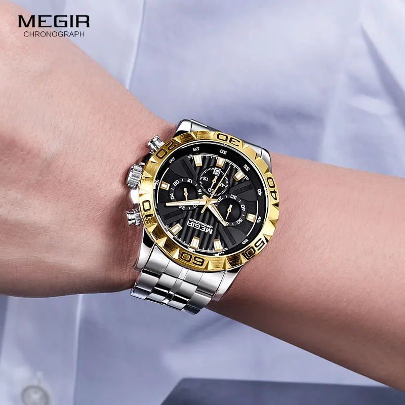 MEGIR Men's Business Chronograph Quartz Watches Waterproof Luminous Army Wristwatch Watch Man Relogios Masculino Clock 2087 Gold |
