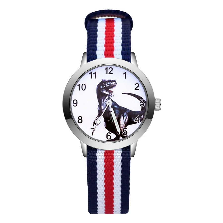 Blue white red Модные детские часы с милым мультяшным динозавром, кварцевые наручные часы с нейлоновым ремешком для девочек и мальчиков JA47 - Цвет: Blue white red