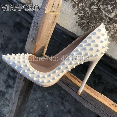 

VINAPOBO Pointed Toe Thin High Heels Sexy White Rivets Spike Women Party Shoes Classical Fashion Studs Lady Party Wedding Shoes