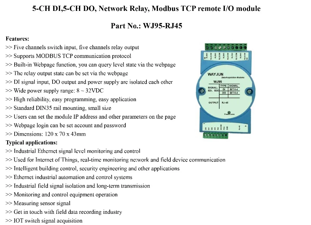 Пятипозиционный переключатель, вход, пятипозиционный DO, сетевое реле Modbus TCP, удаленный IO модуль, портальное реле WJ95