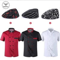 unisex short sleeve patchwork breathable stitching color food service cafe waiter work wear chef jackets uniforms aprons hats